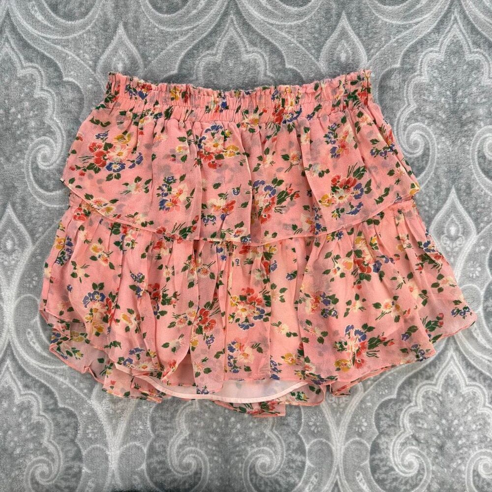 Loves Shack Fancy Pink Floral Silk Chiffon Tiered Ruffle Mini Skirt Size S